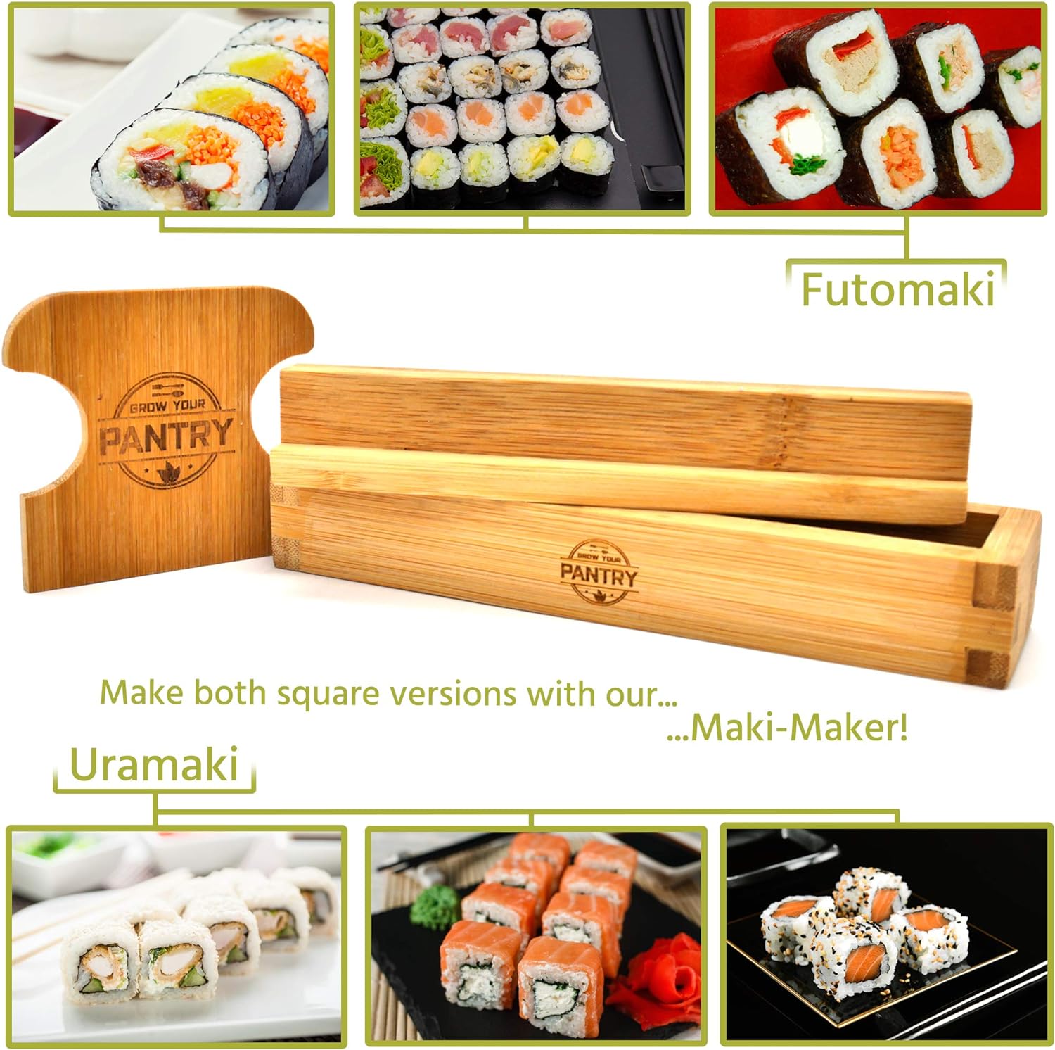 Grow Your Pantry Sushi and Maki Making Kit - With Sushi Rolling Mat, Bamboo  Maki Mold and