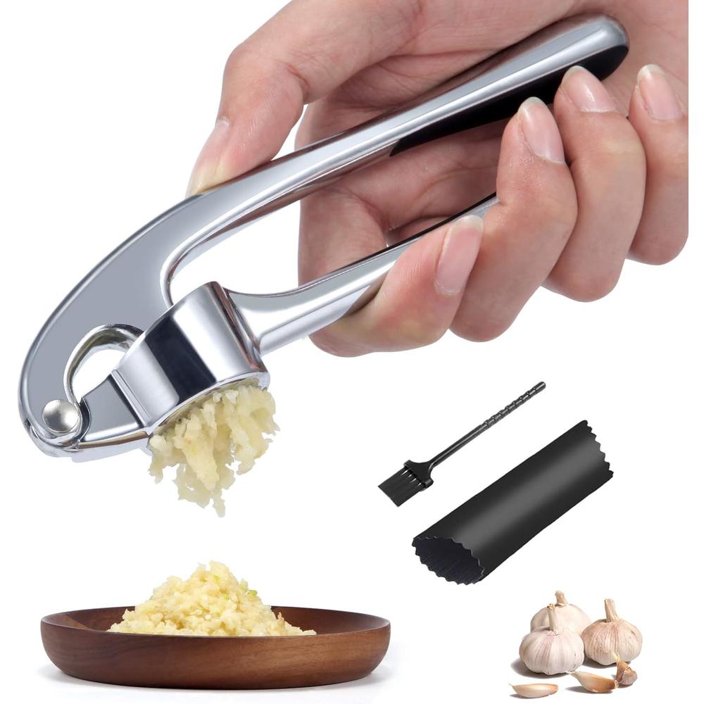 Chengxi Stainless Steel Garlic Press, Rust-proof Garlic Mincer, Crusher and Peeler,Robust Design Extracts More Garlic Paste Per Clove