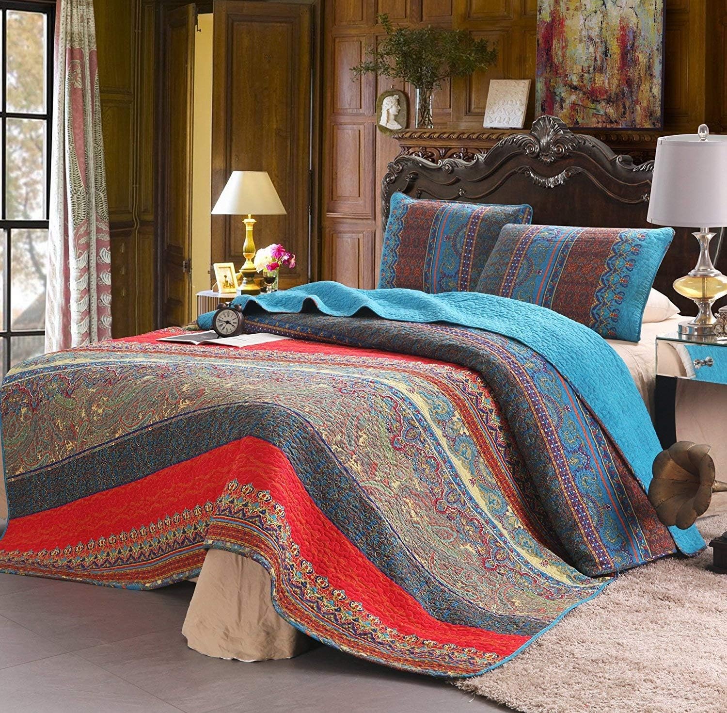 Exclusivo Mezcla 100 Cotton 3 Piece Paisley Boho Twin Size Quilt Set Bedspread Lightweight Reversible Piece Paisley Boho Twin Size Quilt Set, Lightweight Cotton Quilt Twin Size