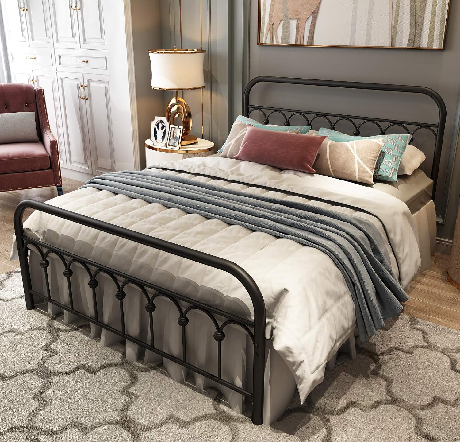 Tuseer Metal Bed Frame Full Size With Vintage Headboard And Footboard Platform Base Wrought Iron Bed Frame Full Black
