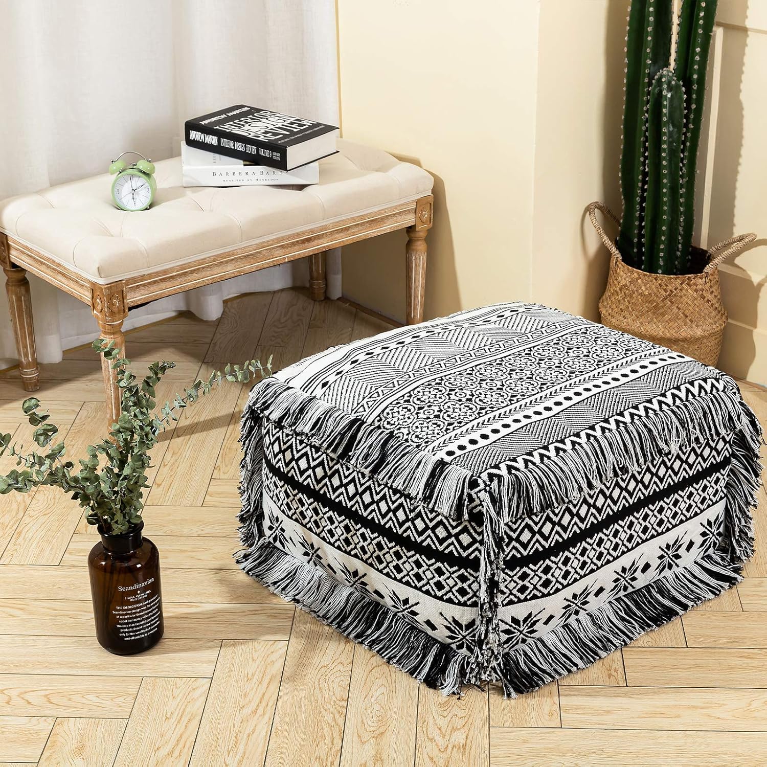 Generic Boho Unstuffed Pouf Cover For Bedroom Living Room Modern Cotton Woven Pouf Ottoman Foot Rest Stool With Fringe Tassel Black W