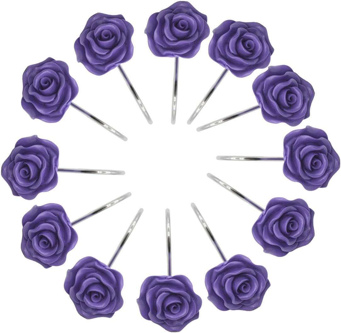 Finros 12 Pcs Home Fashion Decorative Anti Rust Shower Curtain Hooks Rose Design Rings Purple Shower Curtain Rings Hooks Purple, Purple Flower Shower Curtain Hooks