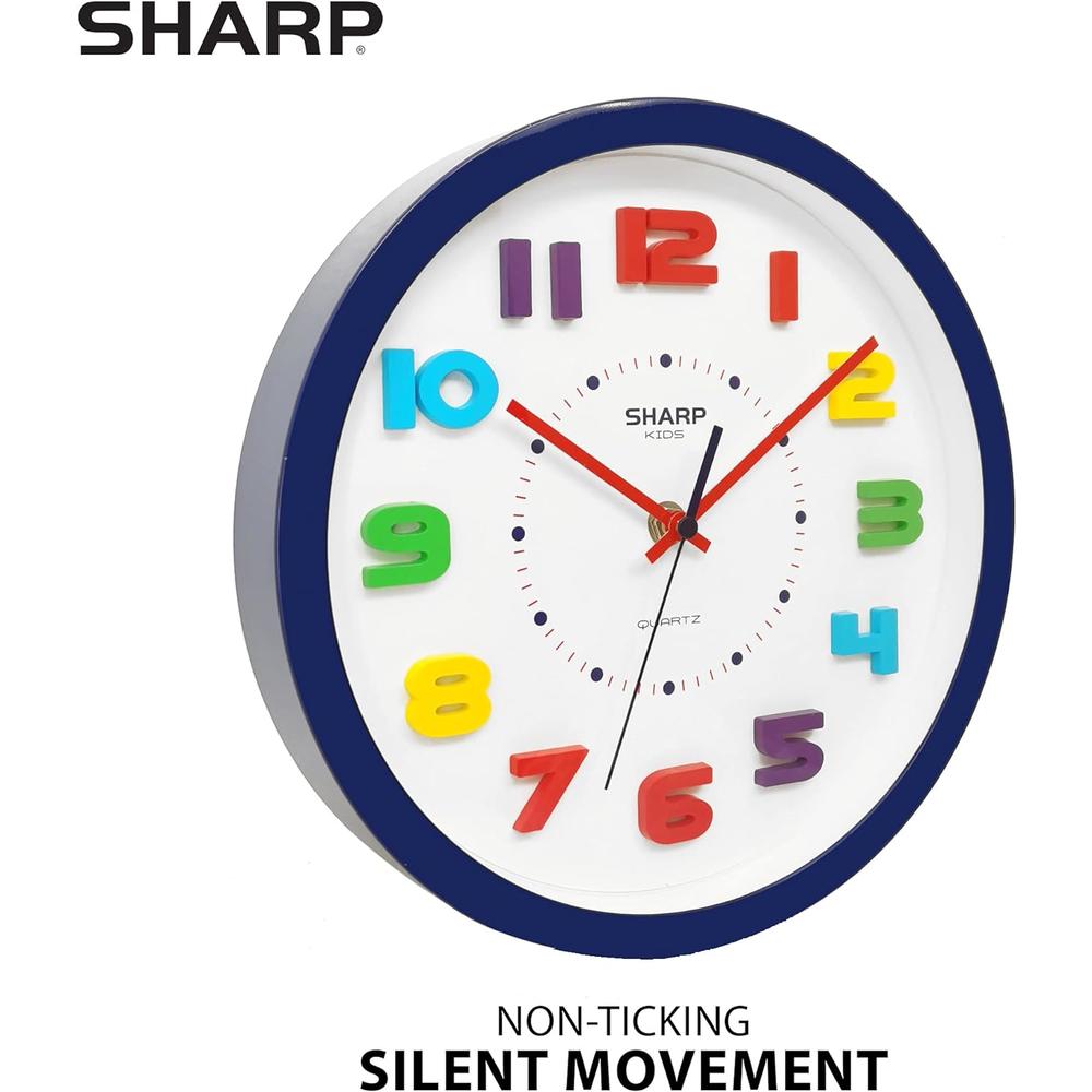 Sharp Colorful Kids Wall Clock 10.6 Inch Silent Non Ticking Quartz Battery Operated, Easy to Read 3D &#226;&#128;&#156;Re