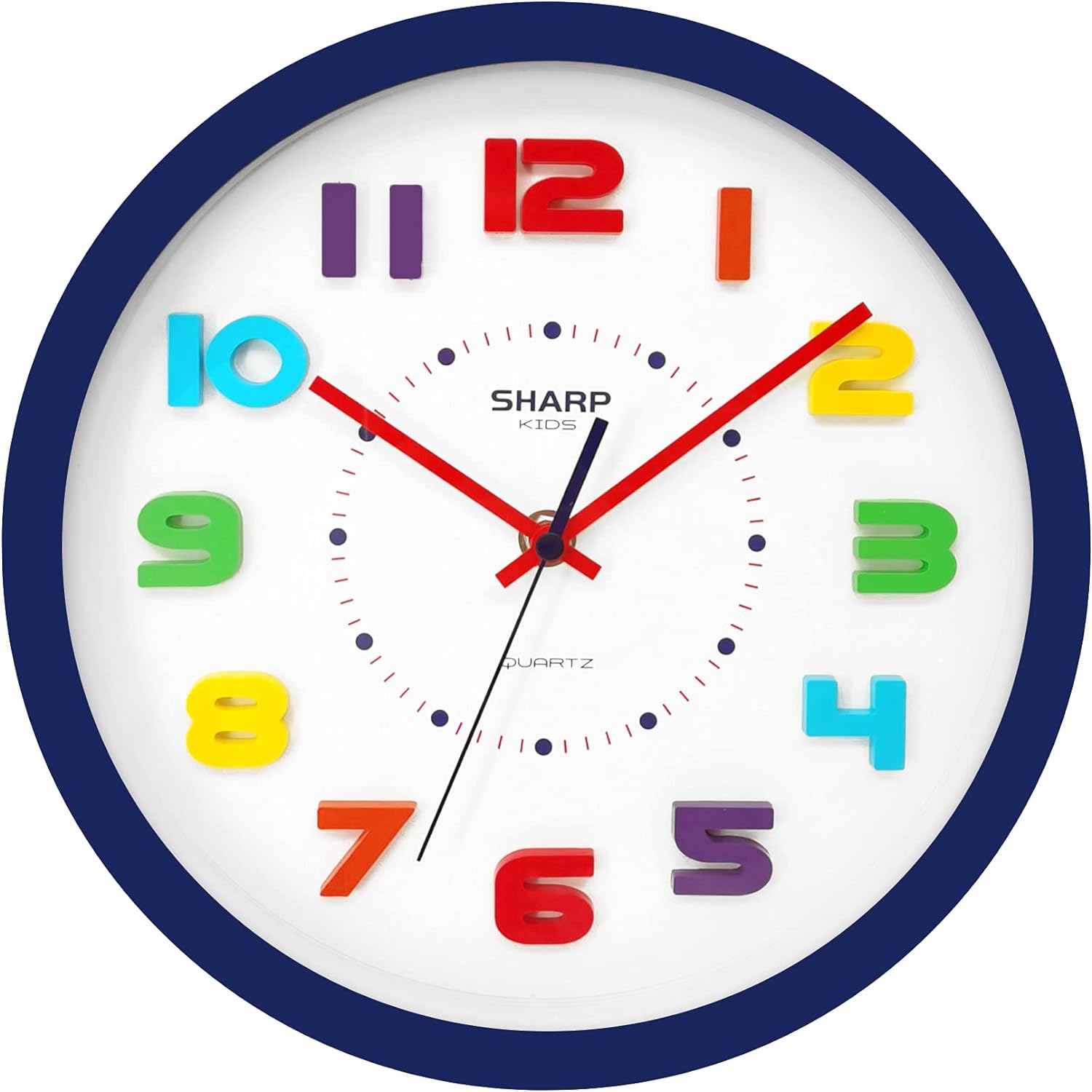 Sharp Colorful Kids Wall Clock 10.6 Inch Silent Non Ticking Quartz Battery Operated, Easy to Read 3D &#226;&#128;&#156;Re