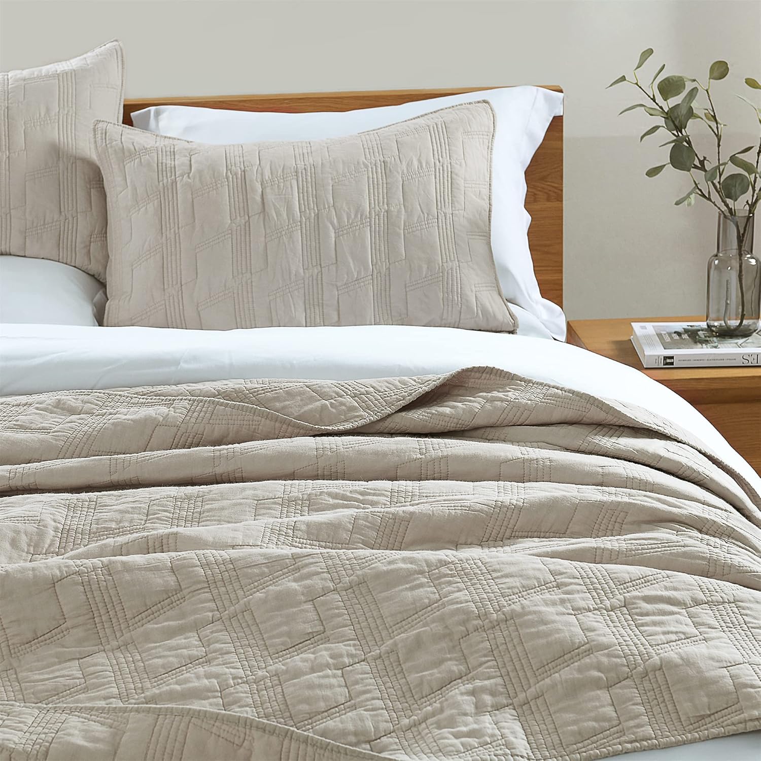 Horimote Home 100 Cotton Quilt Set Twin Size Beige Pre Washed 2 Piece Bedspread Coverlet Cozy Lightweight Stitching Decorative Bedding 100 Cotton Quilt Set Twin Size, Lightweight Cotton Quilt Twin Size