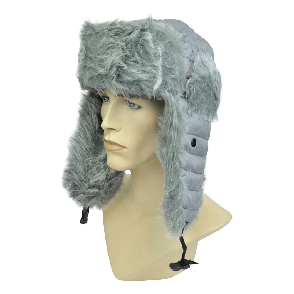 Dekko Bomber Aviator Bubbly Trooper Ski Gray Faux Fur Ear Lap Winter Hat Blank Cold