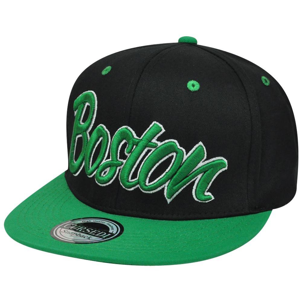 CURSED Boston Massachusetts City Italic Script Flat Bill Snapback Black Green Hat Cap