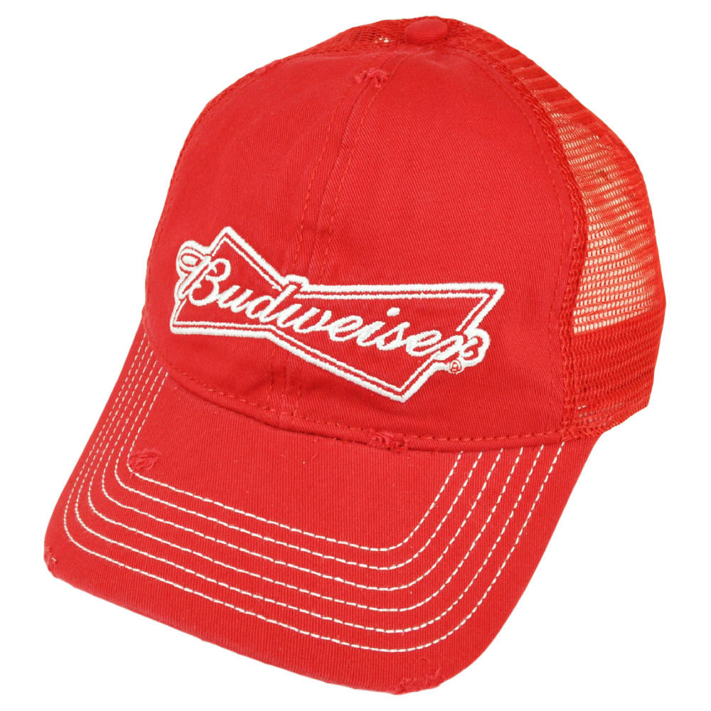 Budweiser Distressed Mesh Snapback Red Relaxed Hat Cap Trucker Beer Malt Liquor