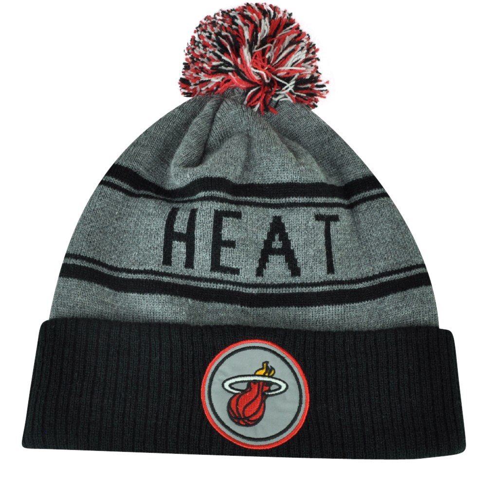 Adidas NBA Adidas Miami Heat Cuffed Pom Pom Striped Knit Beanie Hat Toque Gray Winter