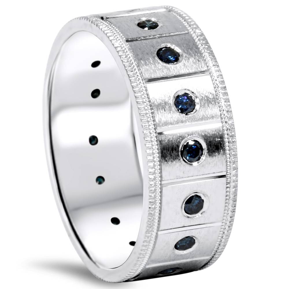 Pompeii3 .65Ct Blue Diamond Mens Comfort Fit Wedding Ring 14K White Gold 8MM Comfort Fit