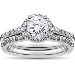 Pompeii3 3/4ct Diamond Halo Matching Soliaire Wedding Engagement Ring Set 10K White Gold