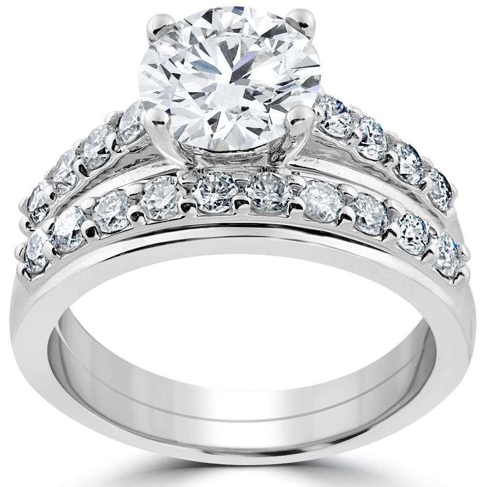 Pompeii3 3ct Round Diamond Solitaire Engagement Ring Wedding Band Set White Gold Enhanced