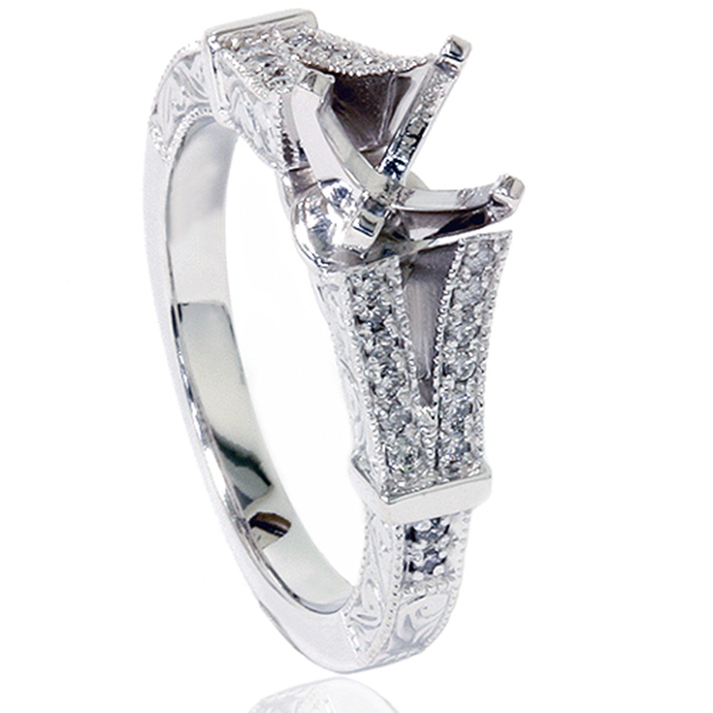 Pompeii3 1/5ct Split Shank Vintage Diamond Semi Mount Engagement Ring 14K White Gold