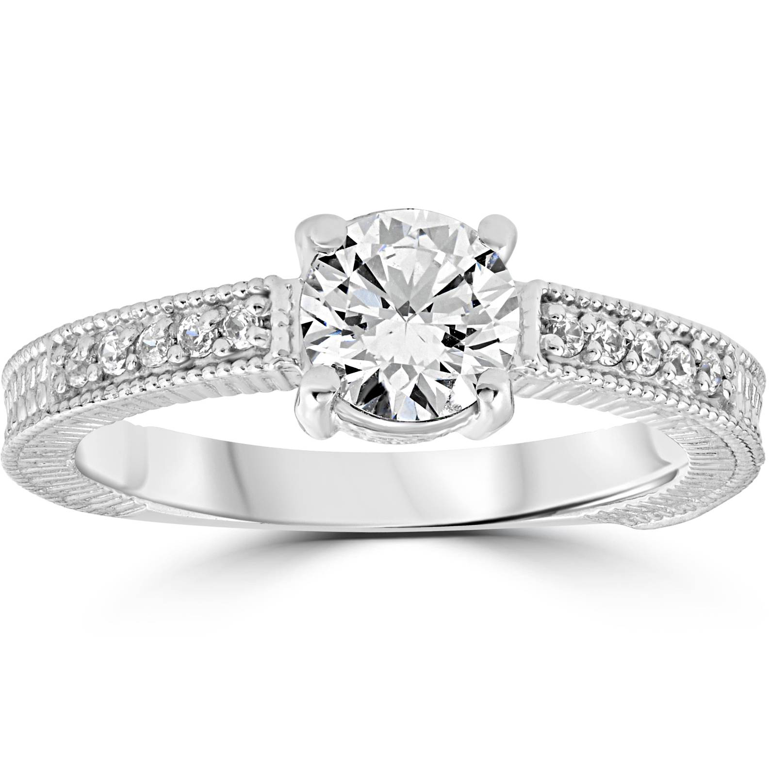 Pompeii3 Vintage Diamond Engagement Ring 1 Carat 14K White Gold Round Brilliant Cut