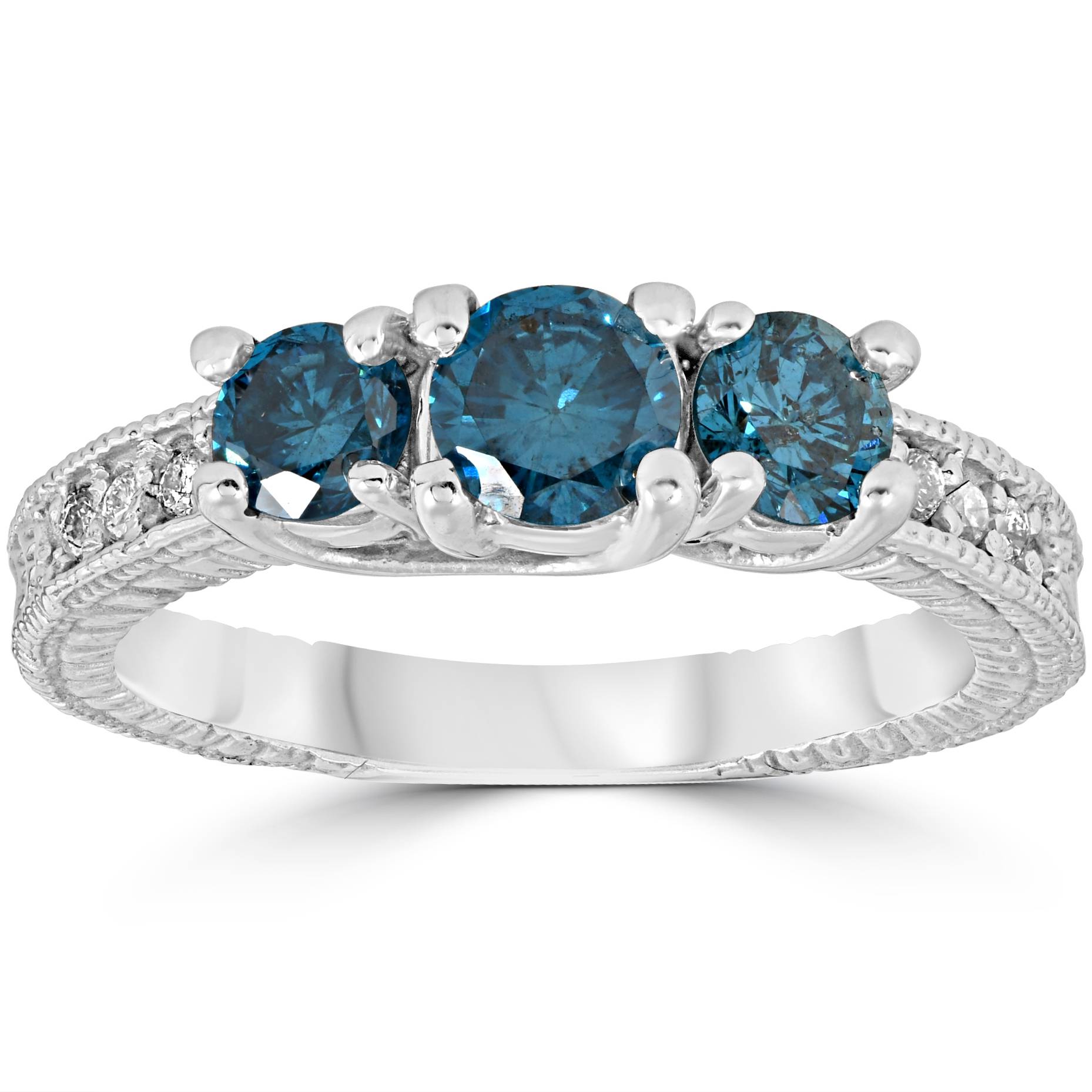 Pompeii3 1 Carat Blue Diamond Vintage 3 Stone Engagement Ring 10K White Gold