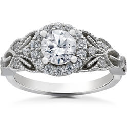 Pompeii3 1 1/5 Ct Vintage Halo Diamond Antique Floral Engagement Ring 14k White Gold