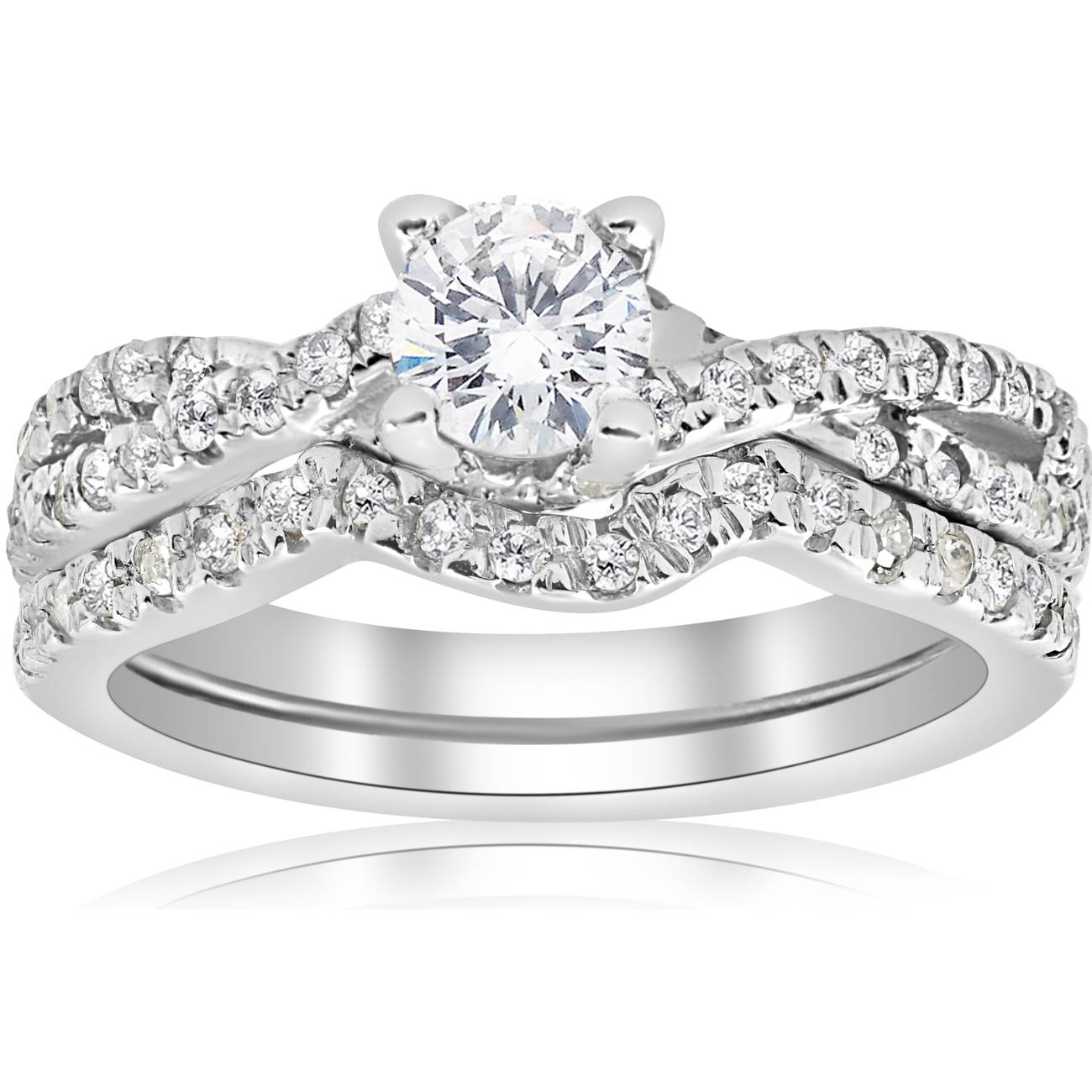 Pompeii3 1ct Infinity Diamond Engagement Wedding Ring Set 14K White Gold Round Solitaire