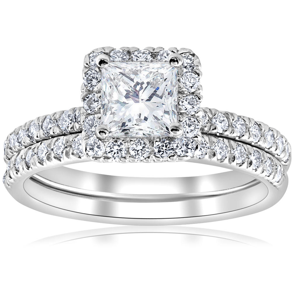 Pompeii3 E VS 1 5/8ct GIA Certified Princess Cut Halo Diamond Engagement Ring Set Gold