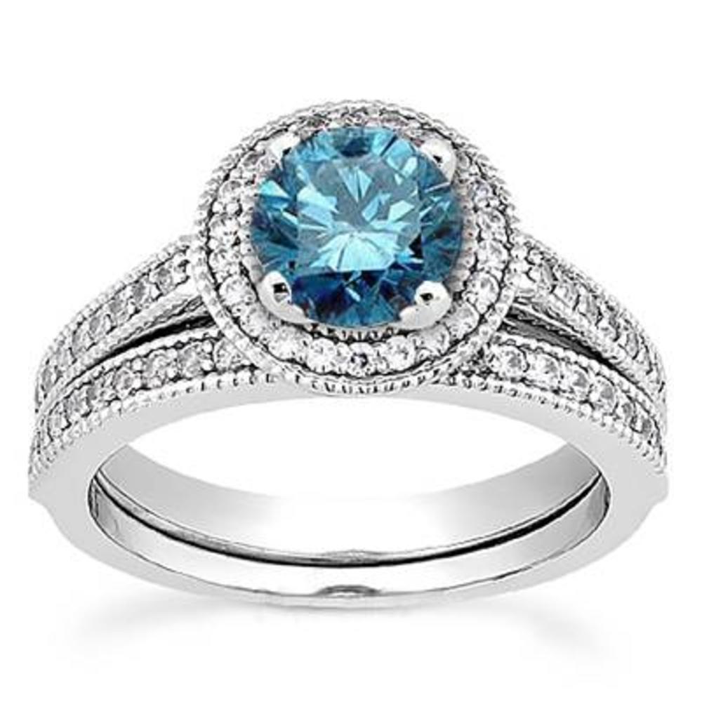 Pompeii3 3/4ct Treated Blue Halo Diamond Engagement Ring Wedding Band Set 14K White Gold