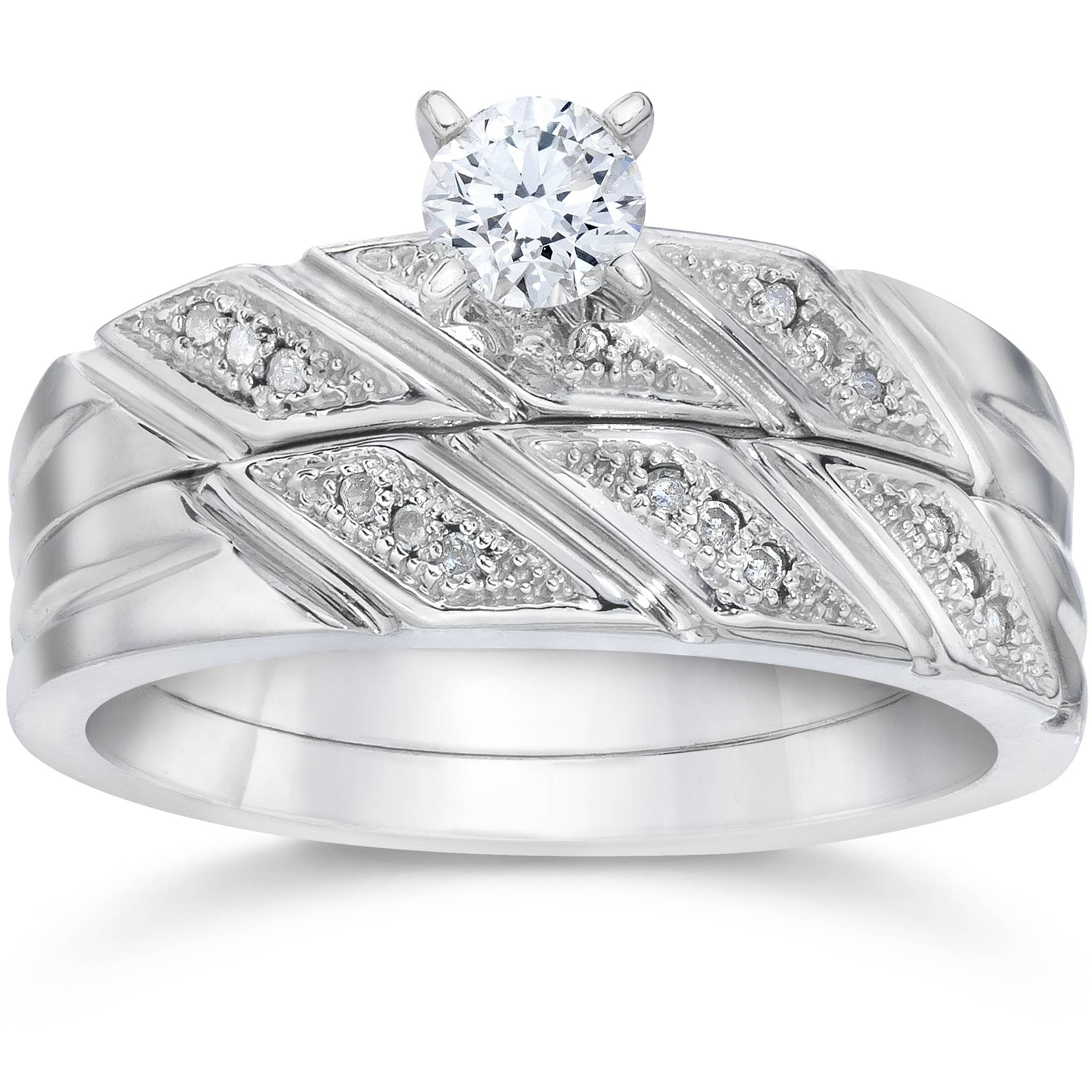 Pompeii3 1/5ct Diamond Engagement Ring Matching Wedding Band Set 10K White Gold