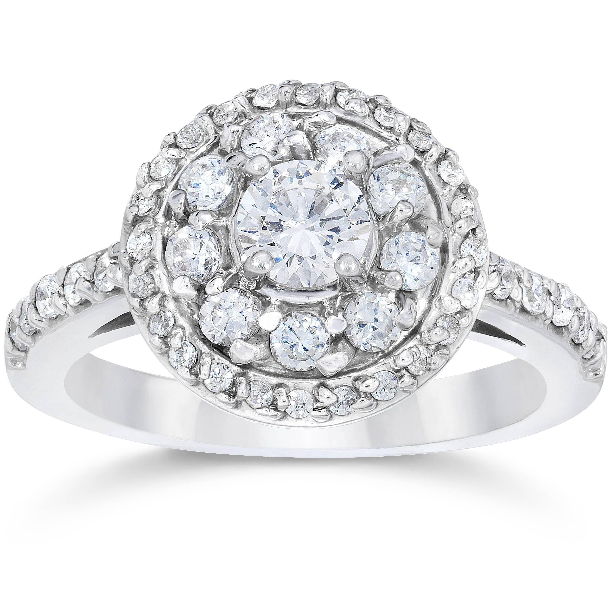 Pompeii3 1 5/8ct Double Halo Round Brilliant Cut Engagement Ring 14K White Gold Solitaire