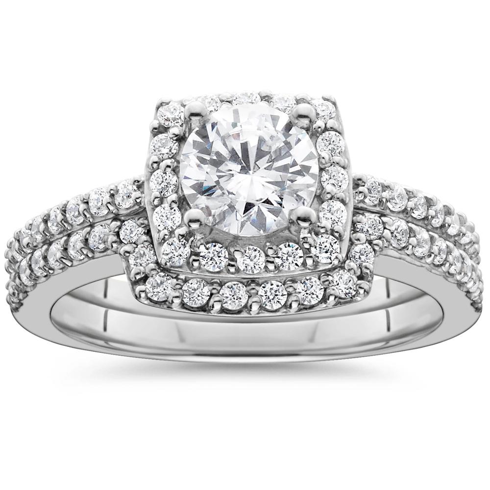 Pompeii3 1 1/4Ct Diamond Cushion Halo Engagement Wedding Ring 10K White Gold Band