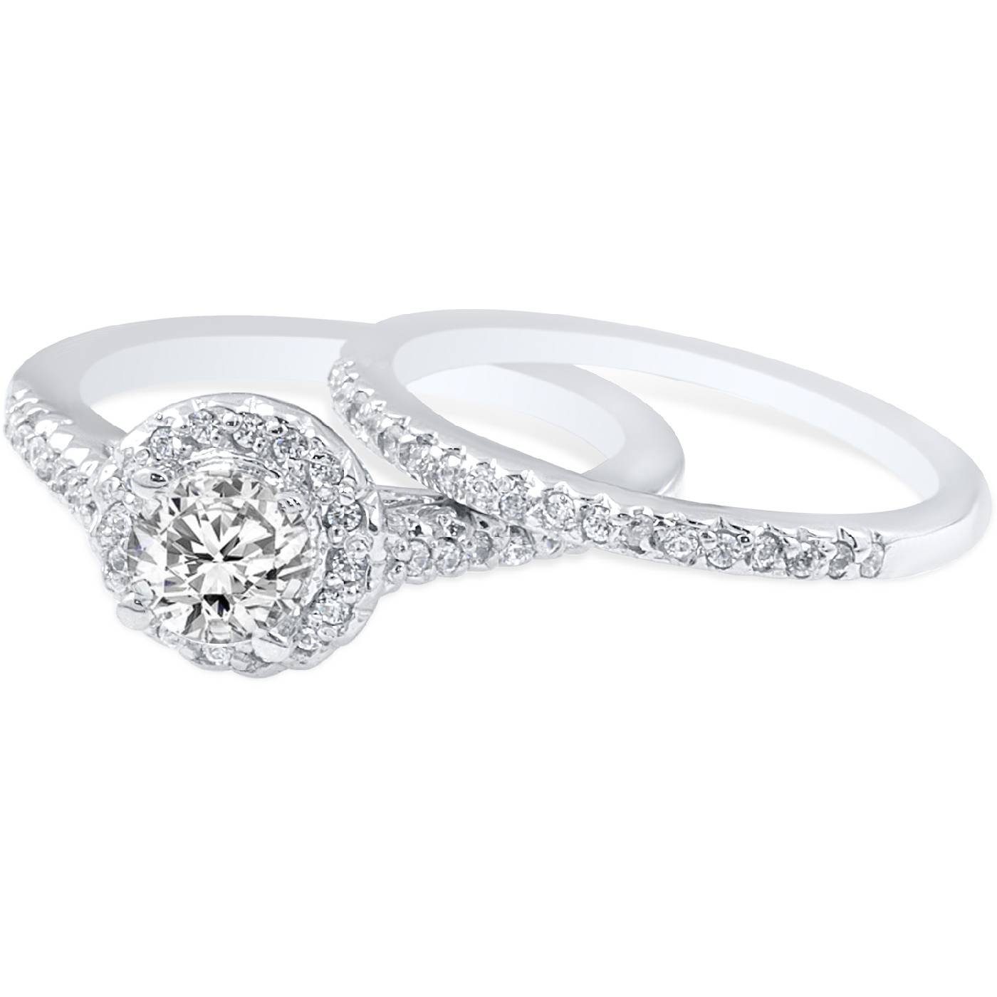 Pompeii3 3/4ct Diamond Halo Matching Soliaire Wedding Engagement Ring Set 10K White Gold