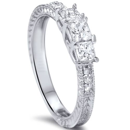 Pompeii3 1/3ct Vintage Three Stone Princess Cut Diamond Engagement Ring 14K White Gold