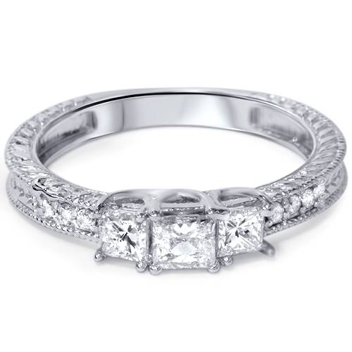 Pompeii3 1/3ct Vintage Three Stone Princess Cut Diamond Engagement Ring 14K White Gold
