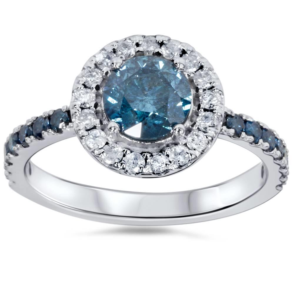 Pompeii3 1 5/8ct Blue & White Diamond Halo Engagement Ring 14K White Gold
