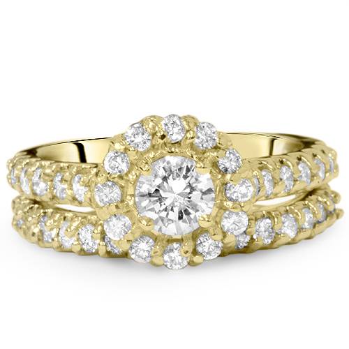 Pompeii3 1 7/8ct Round Diamond Halo Engagement Wedding Ring Set 14K Yellow Gold