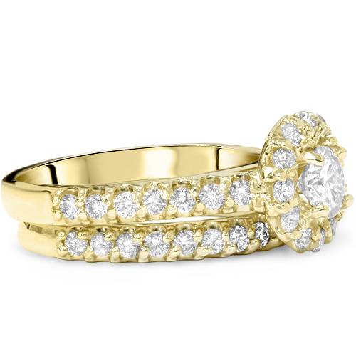 Pompeii3 1 7/8ct Round Diamond Halo Engagement Wedding Ring Set 14K Yellow Gold