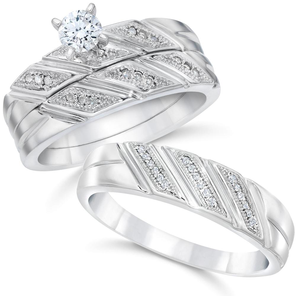 Pompeii3 1/3ct His & Hers Diamond Trio Engagement Wedding Ring Set 10K White Gold