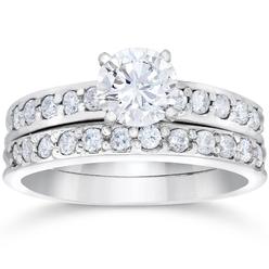 Pompeii3 1 Carat Diamond Engagement Ring Matching Wedding Band Prong Set 14K White Gold