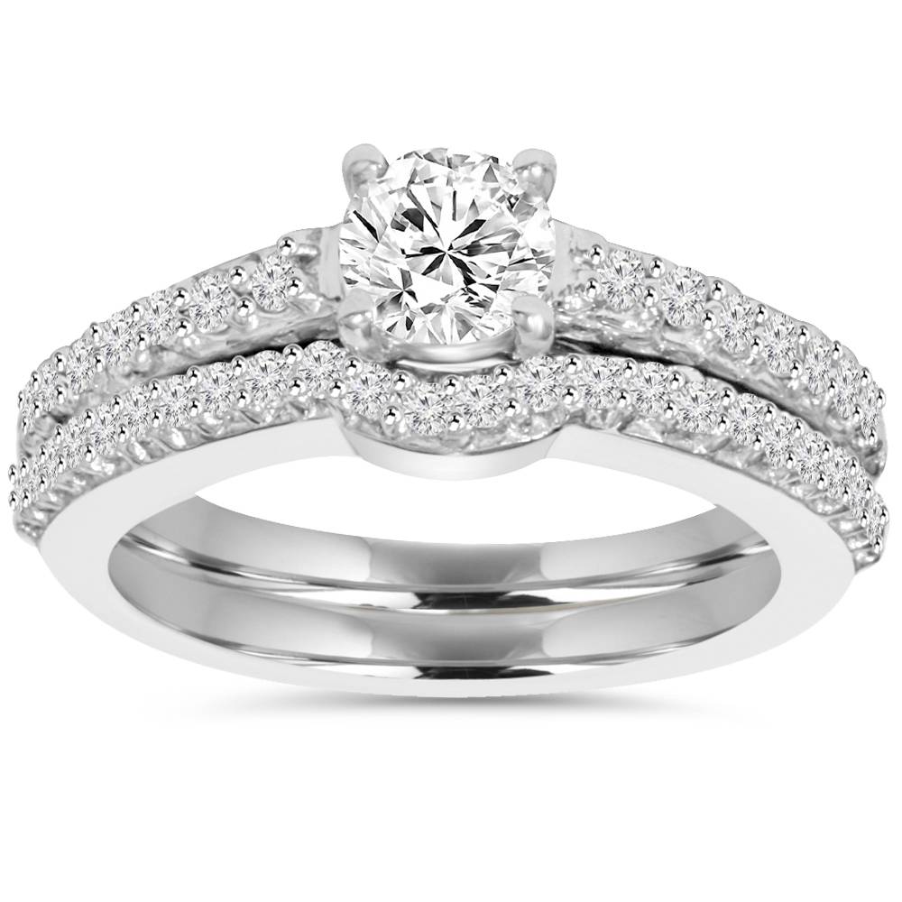 Pompeii3 1ct Pave Diamond Engagement Wedding Matching Ring Set 14K White Gold Round Cut