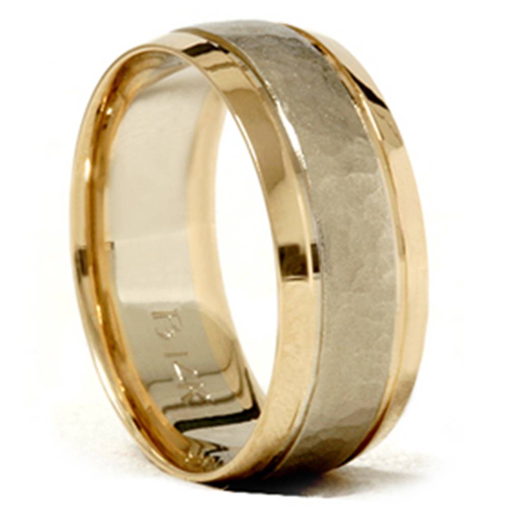 Pompeii3 14k White & Yellow Gold 8mm Hammered Brushed Ring Men's Wedding Band
