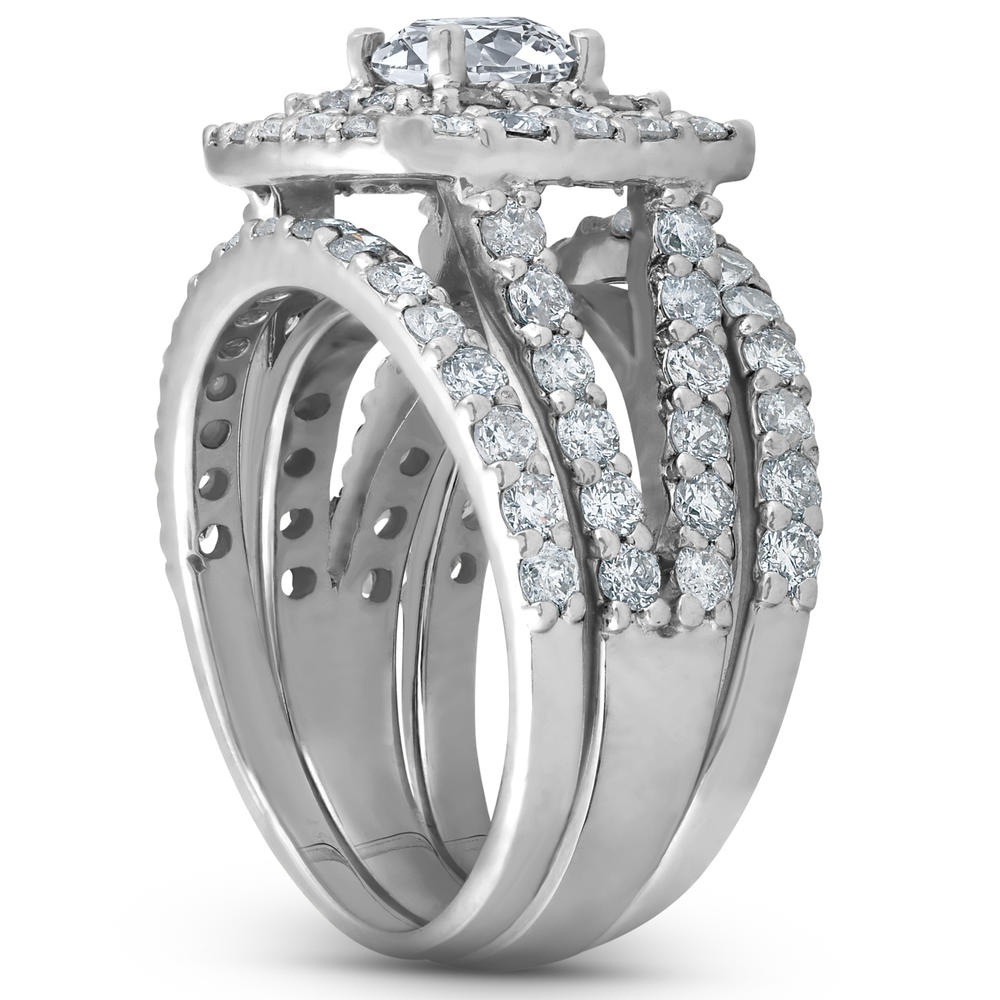 Pompeii3 3 ct Diamond Engagement Wedding Double Cushion Halo Trio Ring Set 14k White Gold