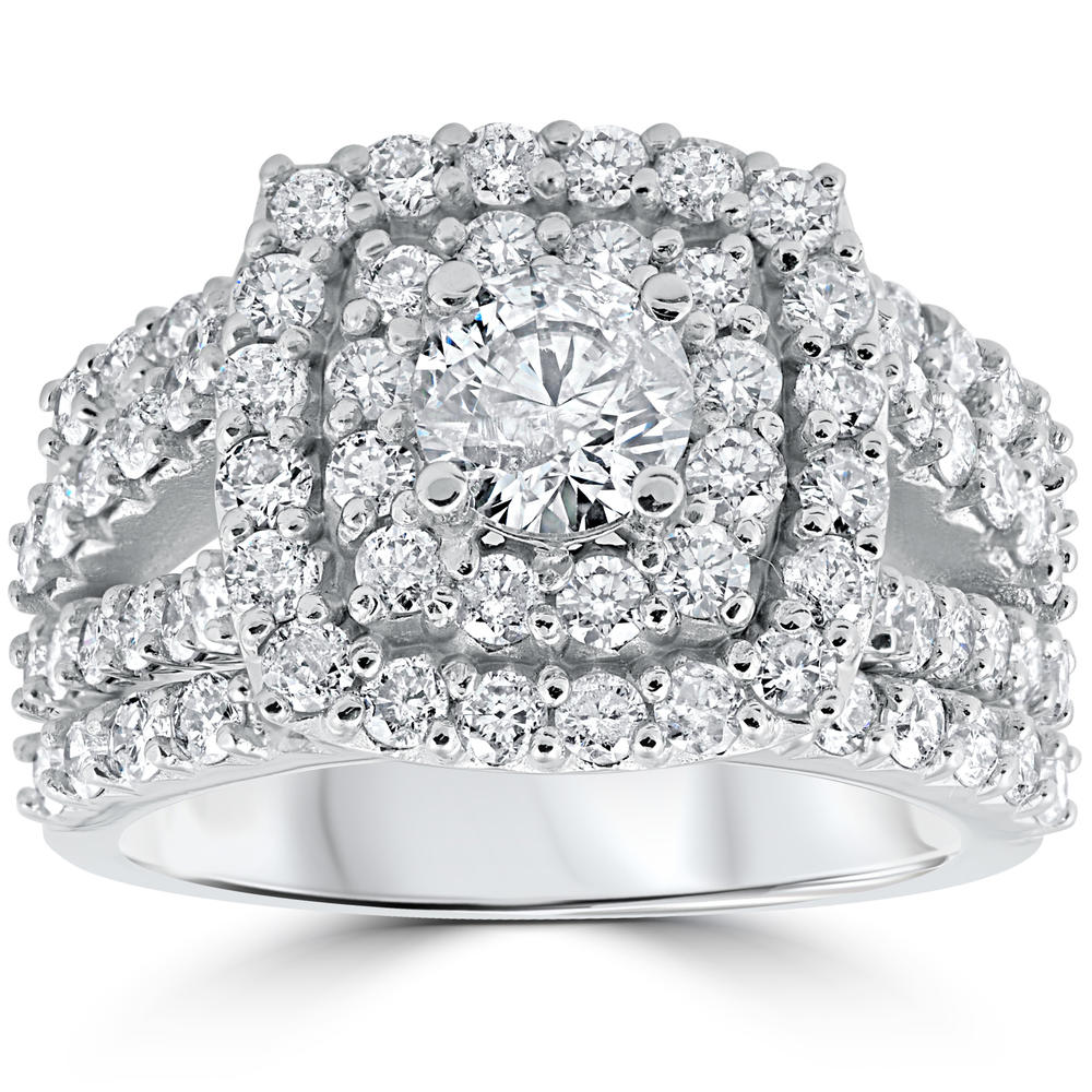 Pompeii3 3 ct Diamond Engagement Wedding Cushion Halo Trio Wedding Ring Set White Gold