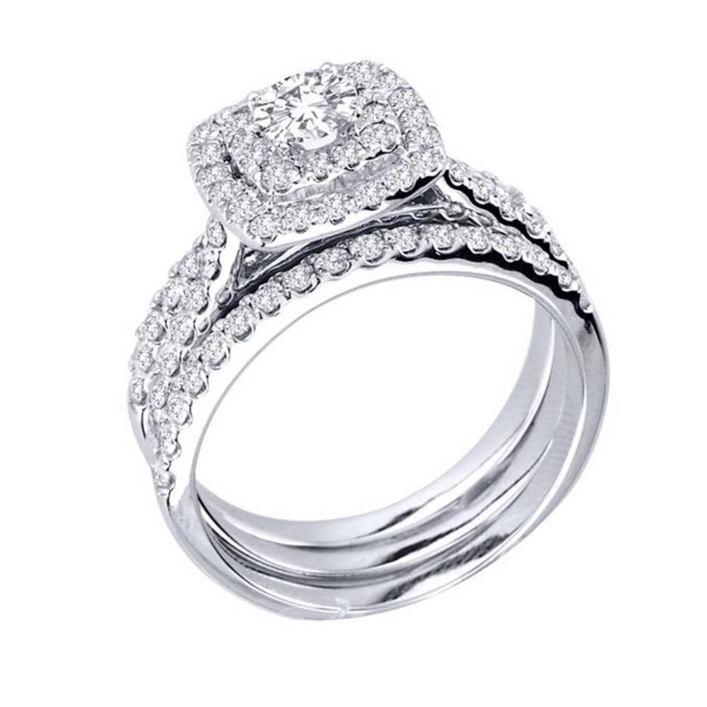 Pompeii3 1 1/4 Ct Three Ring Diamond Cushion Halo Engagement Wedding Band Set White Gold