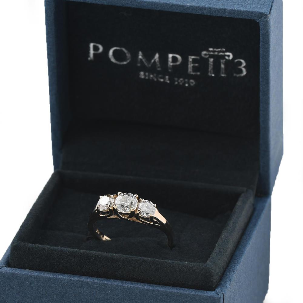 Pompeii3 1Ct TW Three Stone Round Cut Natural Diamond Engagement Ring 14k Yellow Gold