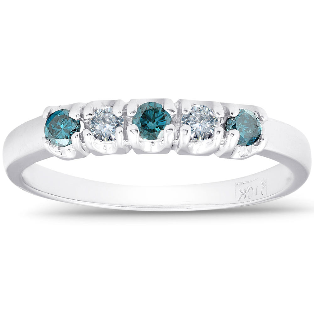Pompeii3 1/4ct Treated Blue & White Diamond 5-Stone Wedding Womens Ring 10K White Gold