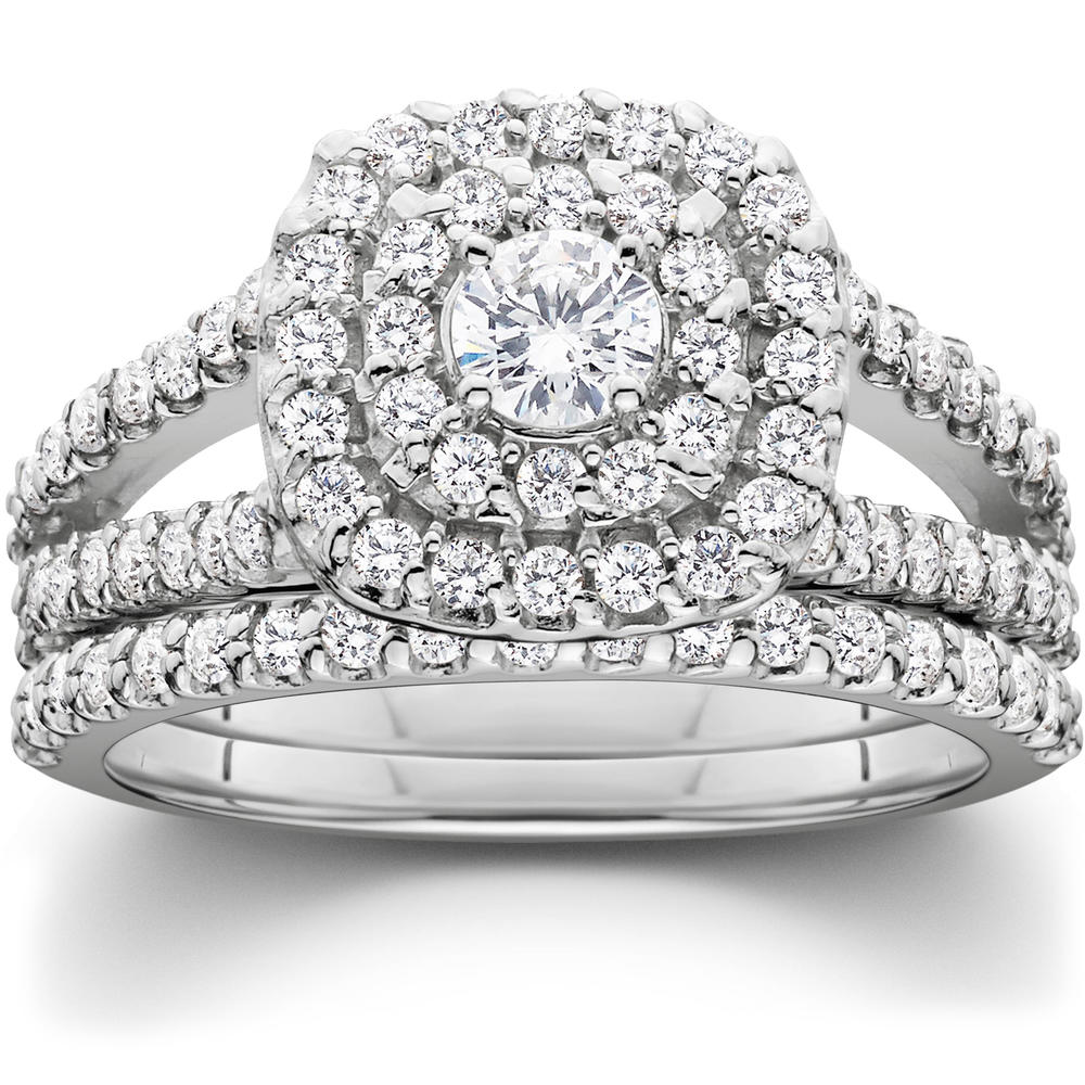 Pompeii3 1 1/10ct Cushion Halo Solitaire Diamond Engagement Wedding Ring Set White Gold