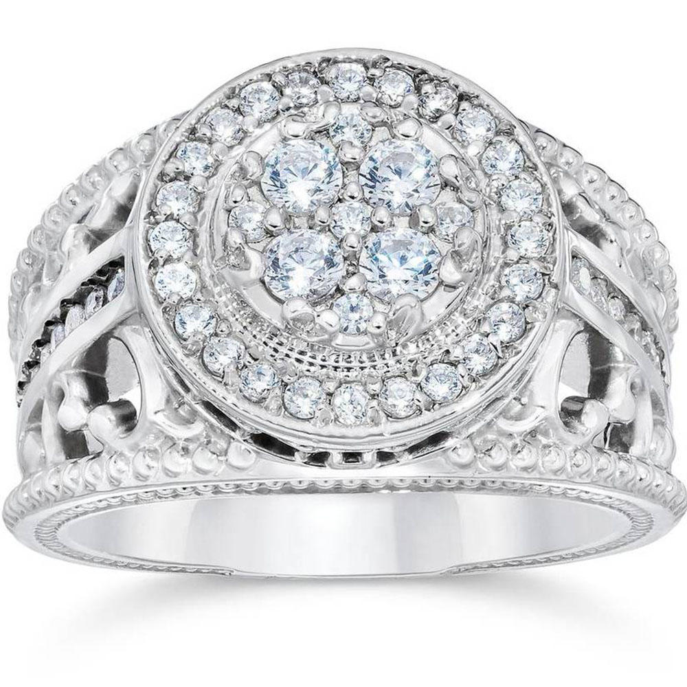 Pompeii3 1 Carat Vintage Halo Diamond Pave Engagement Ring 10K White Gold