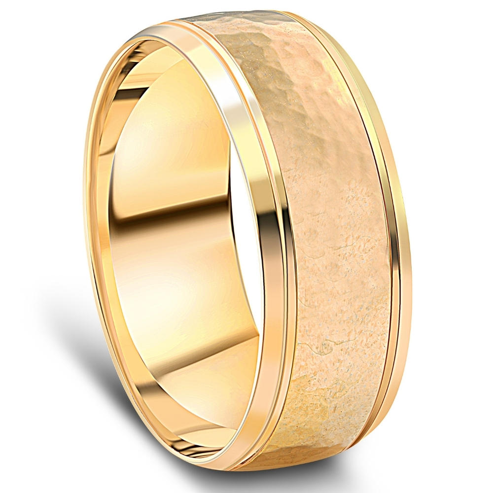 Pompeii3 Men's 8mm 14k Yellow Gold Ring Hammered Beveled Edge Wedding Band