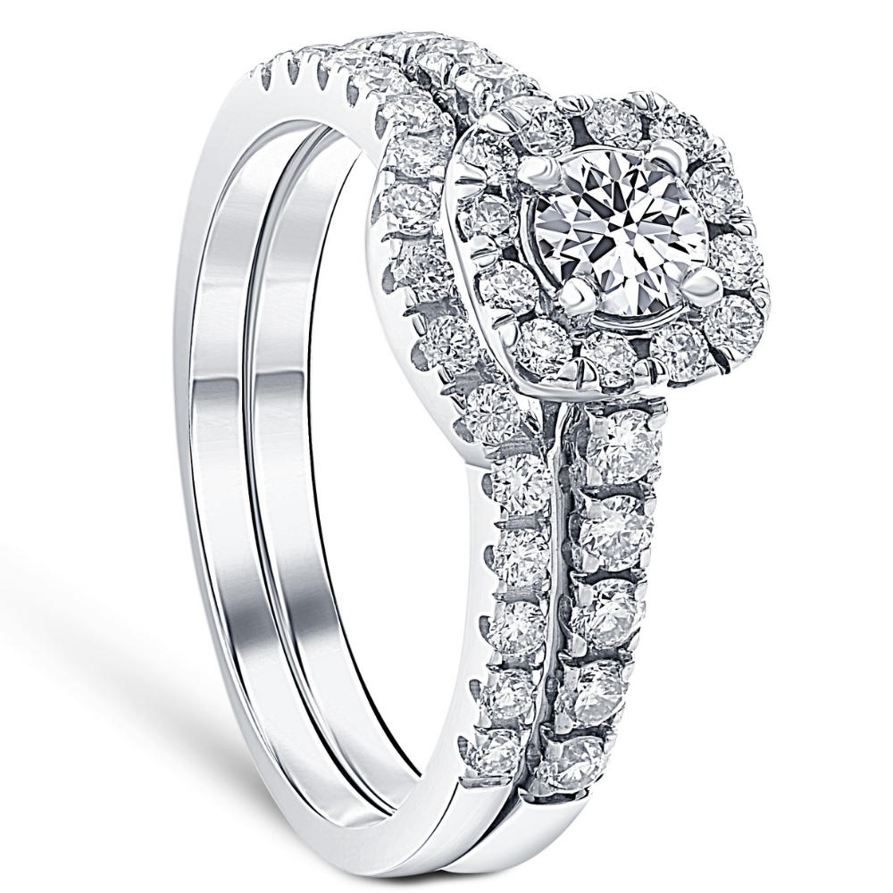 Pompeii3 1 1/4Ct Cushion Halo Diamond Engagement Matching Wedding Ring Set 14K White Gold