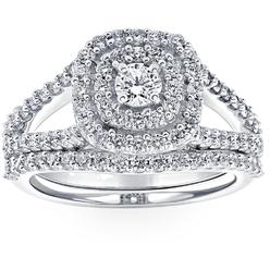 Pompeii3 SI 1Ct Lab Grown Diamond Cushion Halo Engagement Wedding Ring Set 10K White Gold