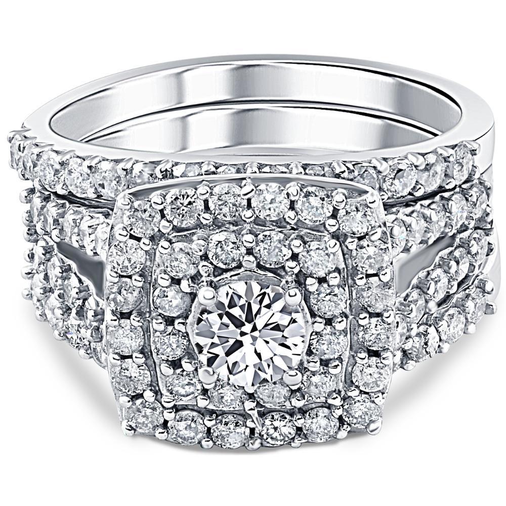 Pompeii3 3 ct Diamond Engagement Wedding Double Cushion Halo Trio Ring Set 14k White Gold