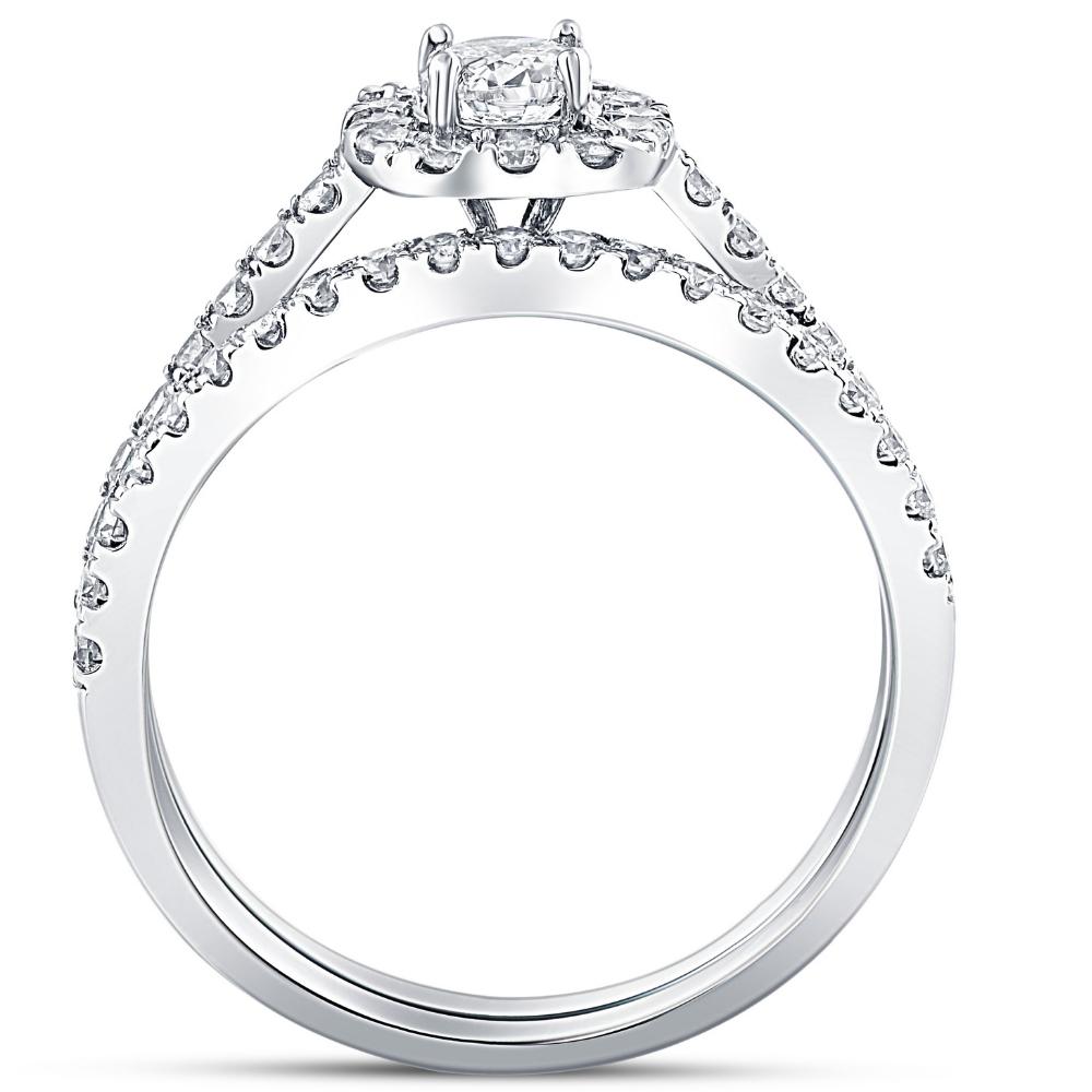 Pompeii3 1ct Cushion Halo Diamond Engagement Wedding Ring Set 14K White Gold