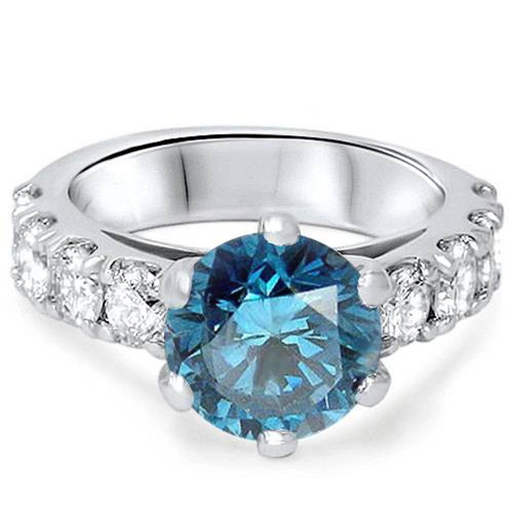 Pompeii3 3 1/2ct Treated Blue Diamond Engagement Ring 14K White Gold Round Cut Solitaire