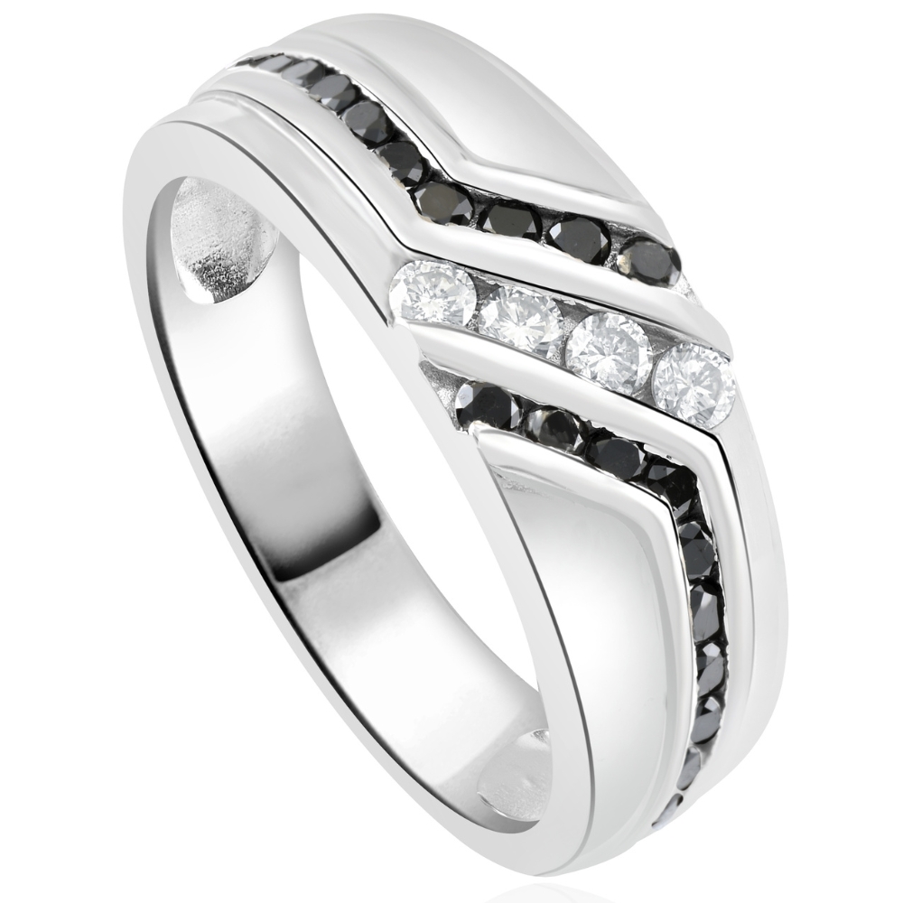 Pompeii3 1 Ct TW Mens Black & White Diamond Wedding Band 10k White Gold Ring